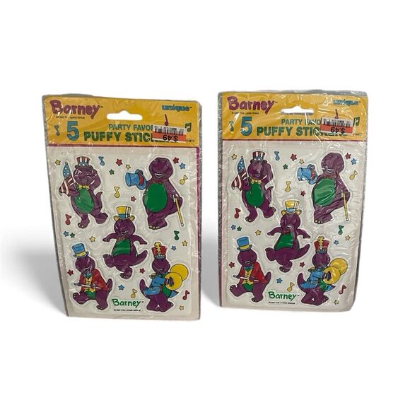 90s Barney Puffy Stickers 5 VTG Lyons Purple Dinosaur Party Favors 2 Packs NEW - Picture 1 of 8